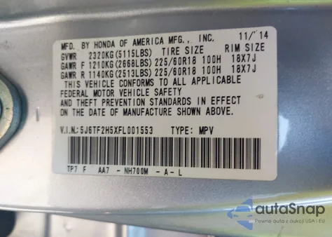 2015 Honda Crosstour Ex-L V6 из США, поврежденный, VIN 5J6TF2H5XFL001553